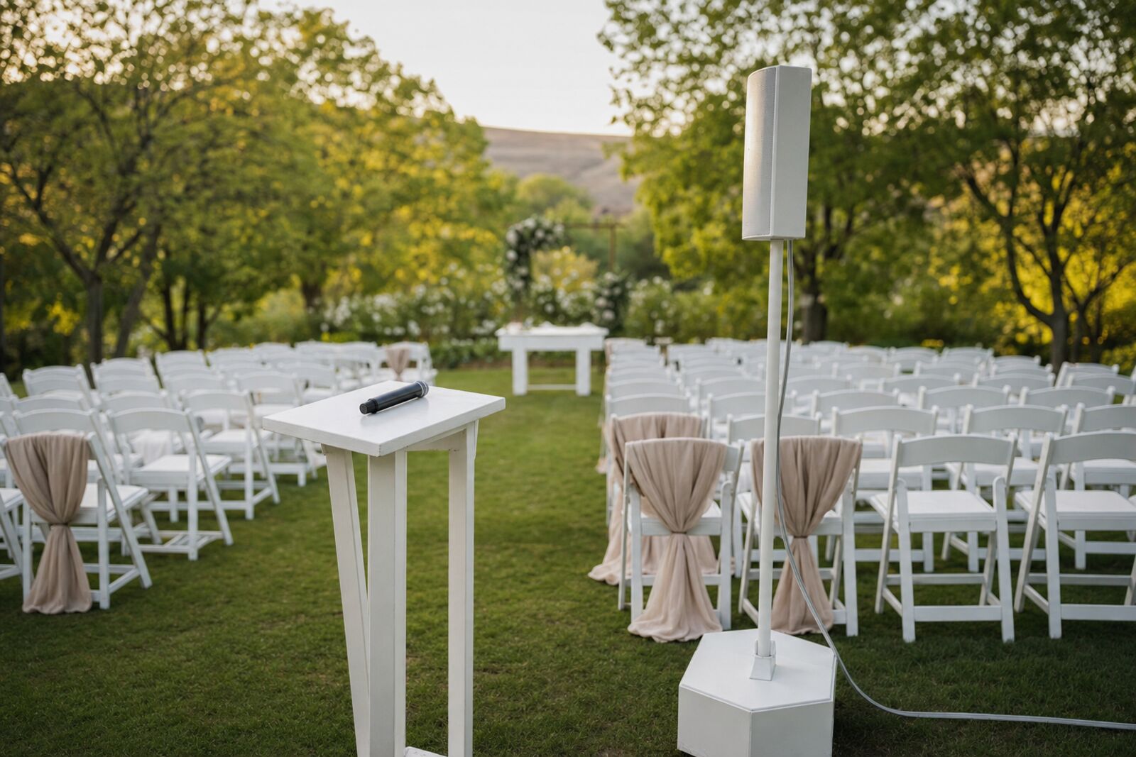 A discreet white speaker on a stand and a microphone on a lectern at an outdoor garden ceremony, rows of white chairs waiting