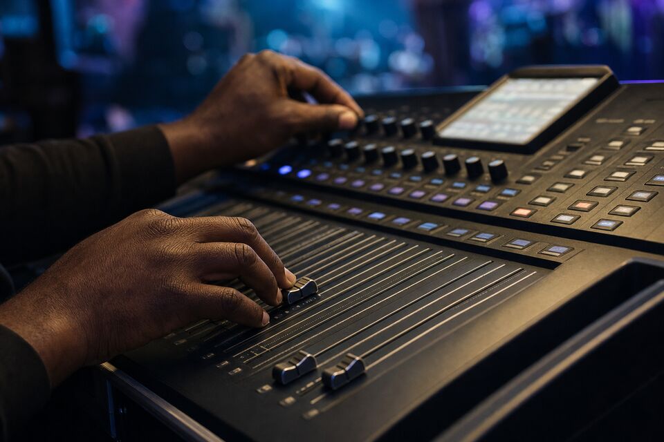 A live-sound engineer's hands riding the faders of a digital mixing console during soundcheck
