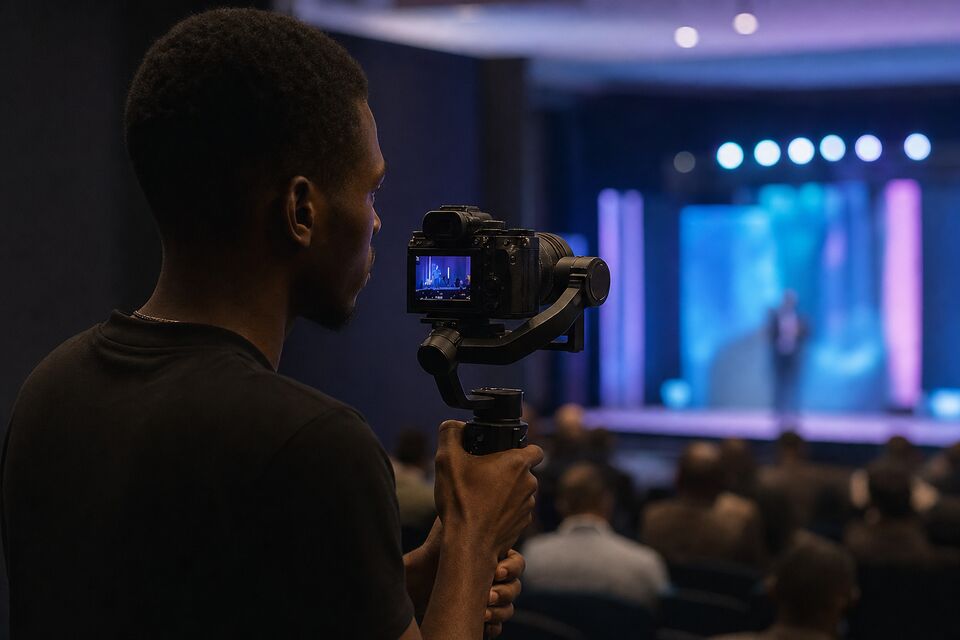 A videographer filming a speaker on stage from the side of a dim conference room