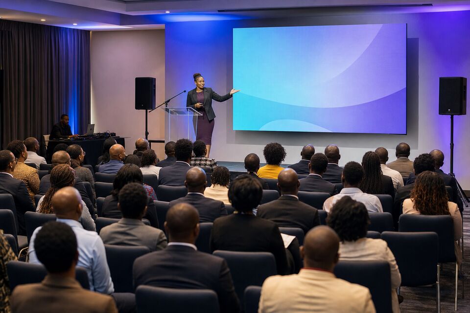 A presenter on a clean stage addressing a seated corporate audience beside a glowing LED screen